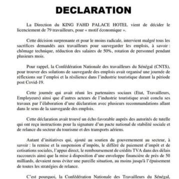 DECLARATION DE LA CNTS SUR LA SITUATION NATIONALE