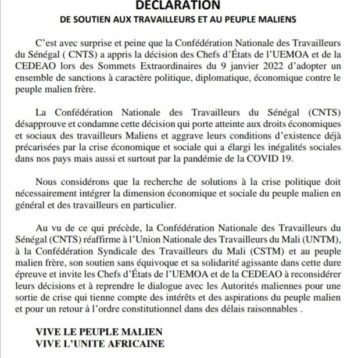 DECLARATION DE SOUTIEN AUX TRAVAILLEURS ET AU PEUPLE MALIENS