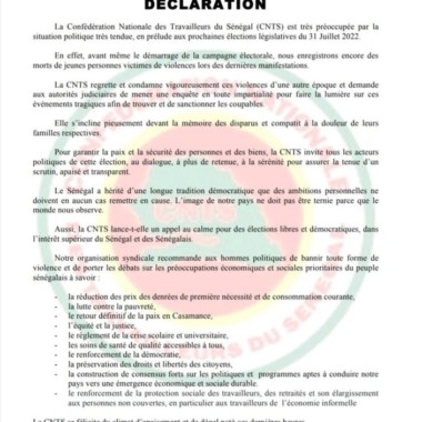 DECLARATION DE LA CNTS SUR LA SITUATION POLITIQUE DU PAYS